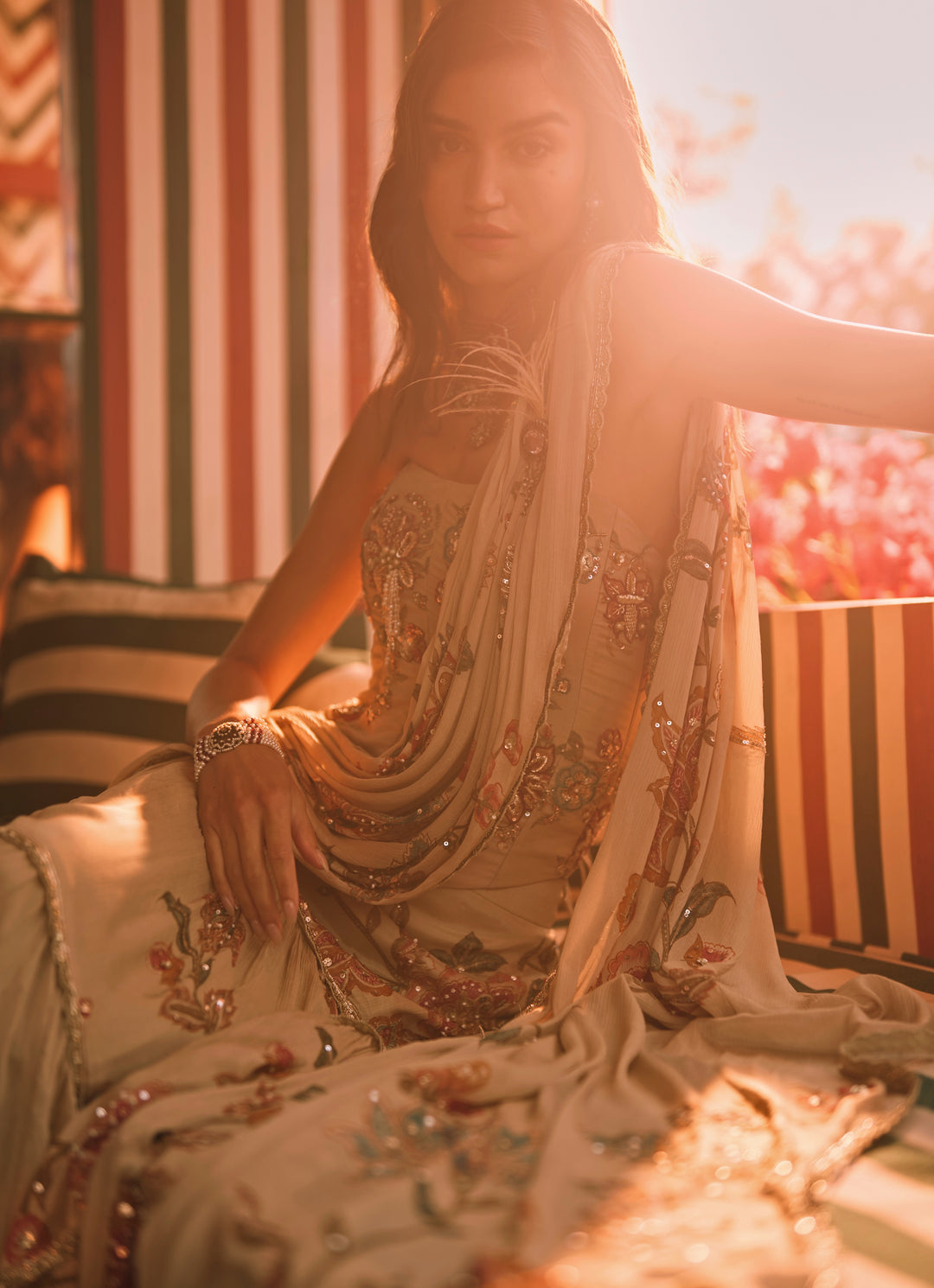 Ivory Printed Chiffon Corset Saree Set