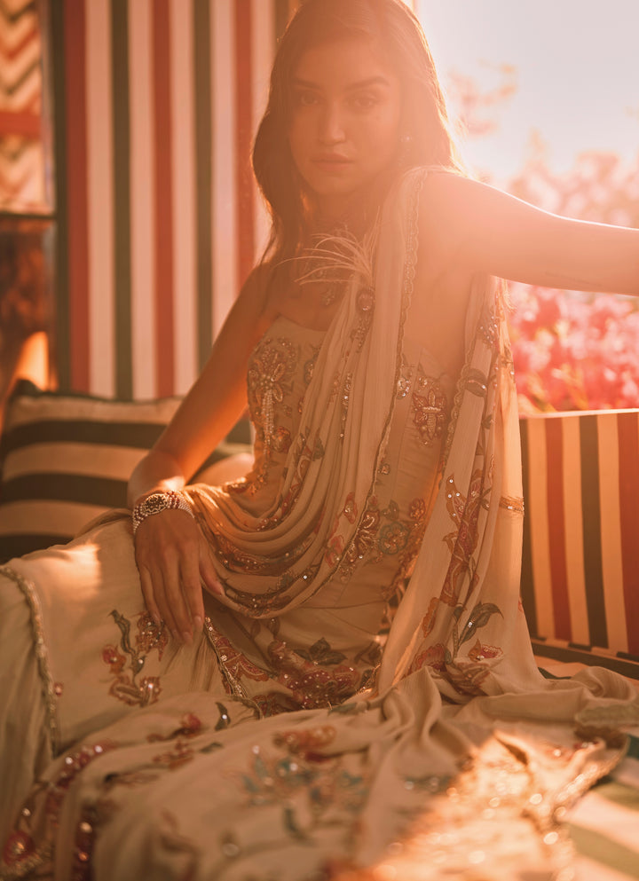 Ivory Printed Chiffon Corset Saree Set