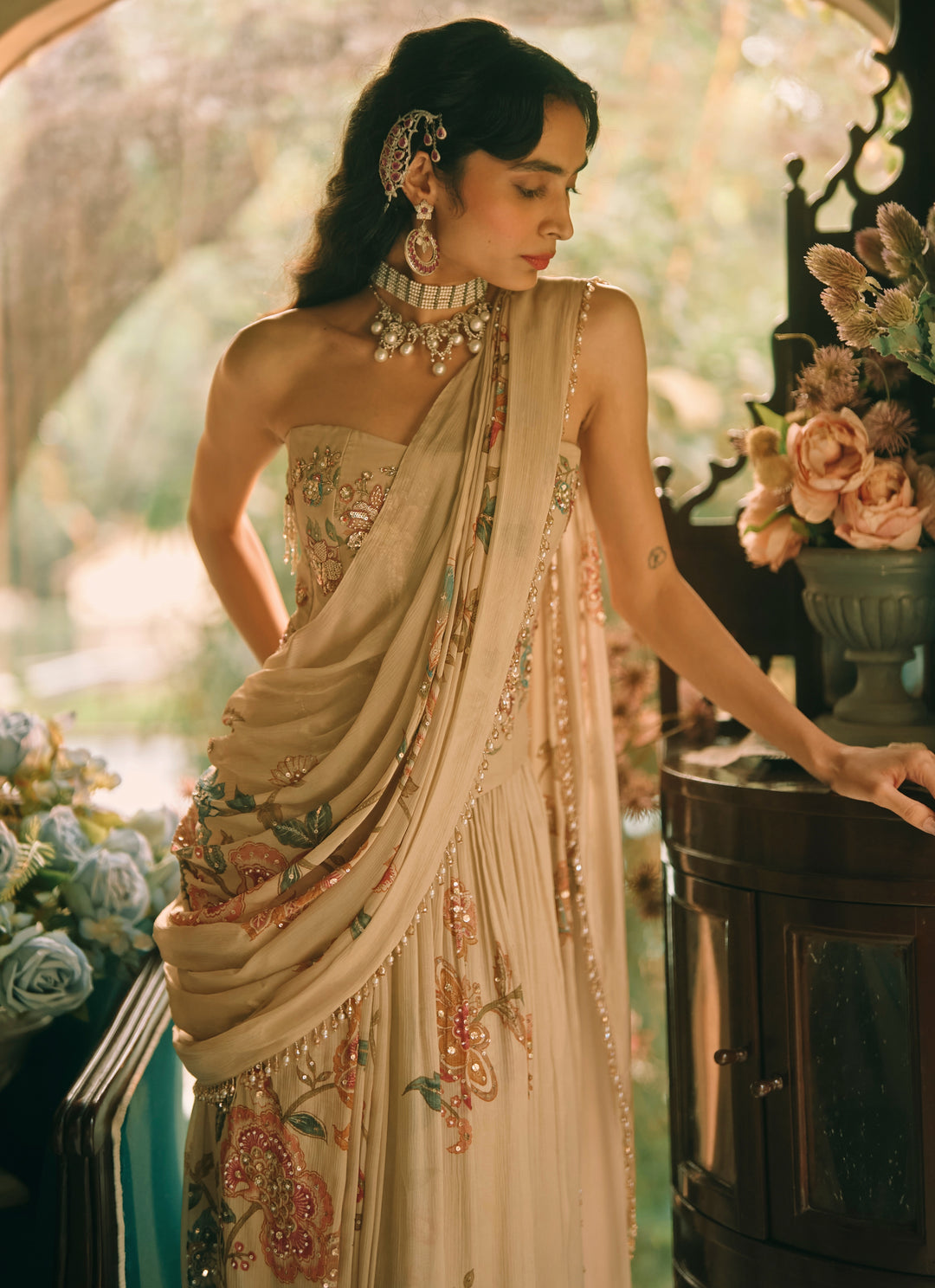 Ivory Printed Chiffon Pre-Draped Saree With Corset