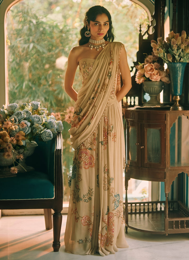 Ivory Printed Chiffon Pre-Draped Saree With Corset
