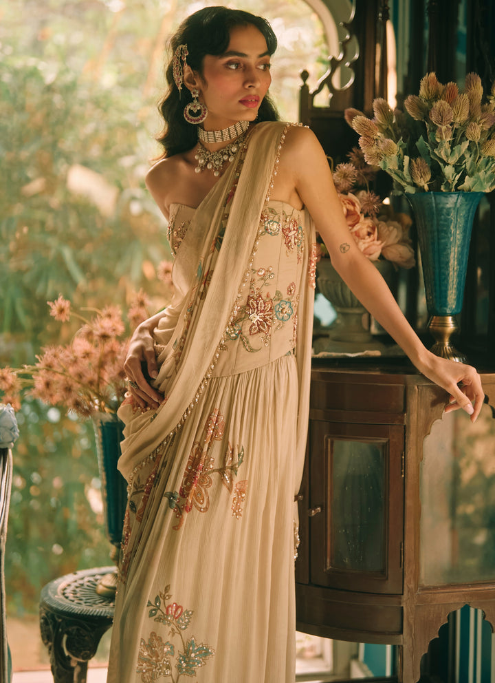 Ivory Printed Chiffon Pre-Draped Saree With Corset