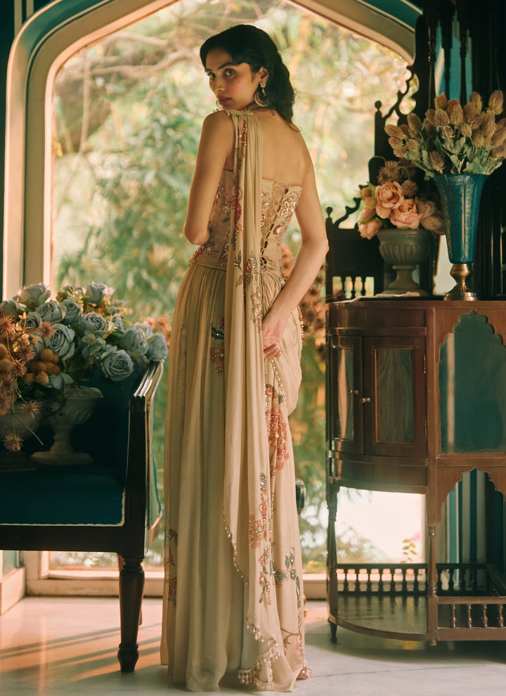 Ivory Printed Chiffon Pre-Draped Saree With Corset