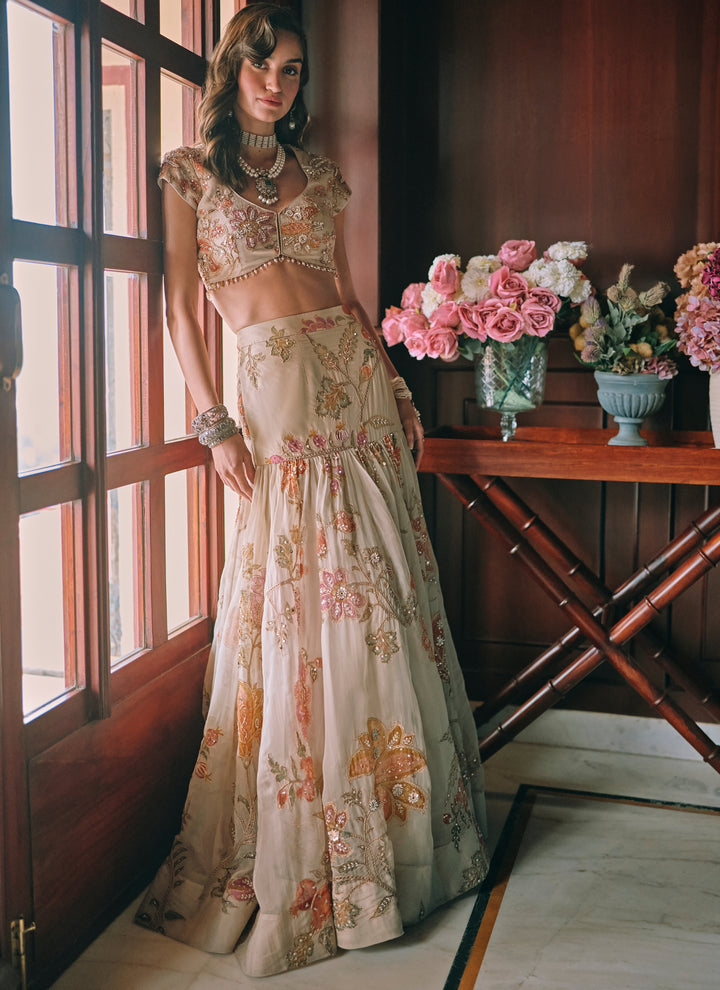 Ivory Printed Organza Mermaid Lehenga Set