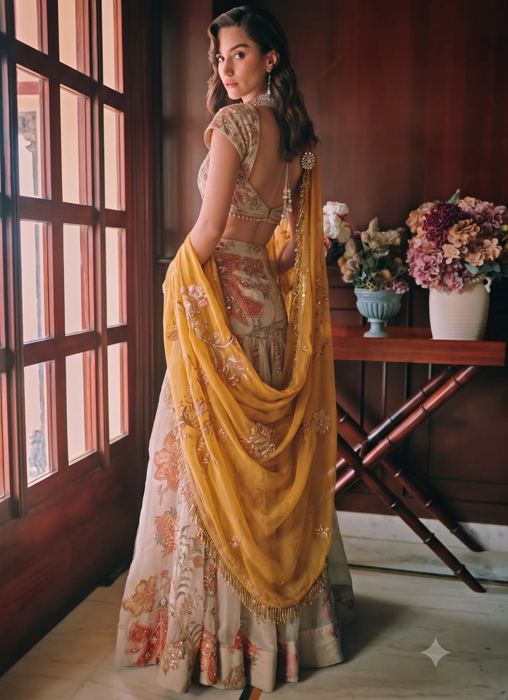 Ivory Printed Organza Mermaid Lehenga Set