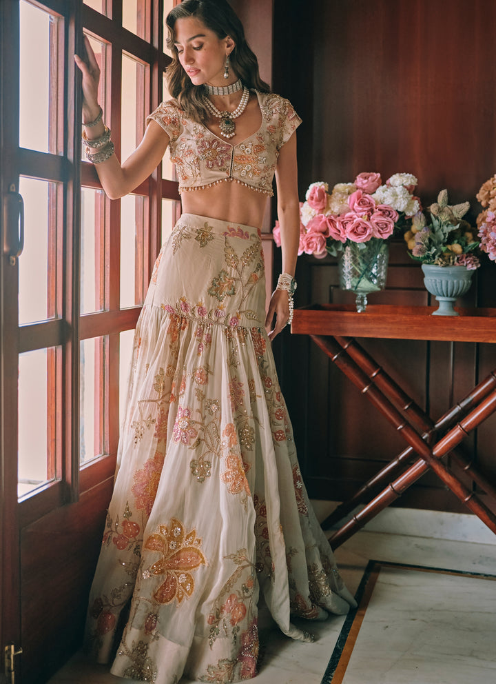 Ivory Printed Organza Mermaid Lehenga Set