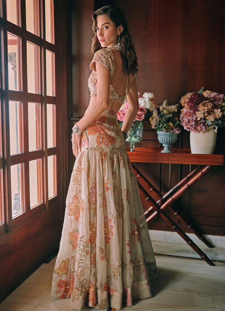 Ivory Printed Organza Mermaid Lehenga Set