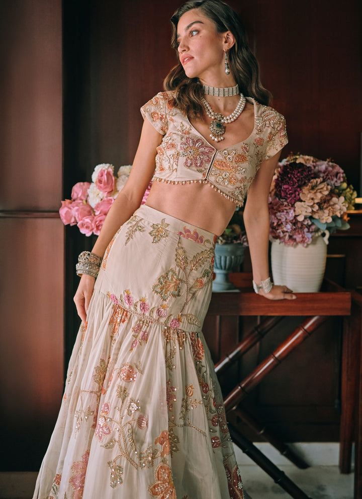 Ivory Printed Organza Mermaid Lehenga Set