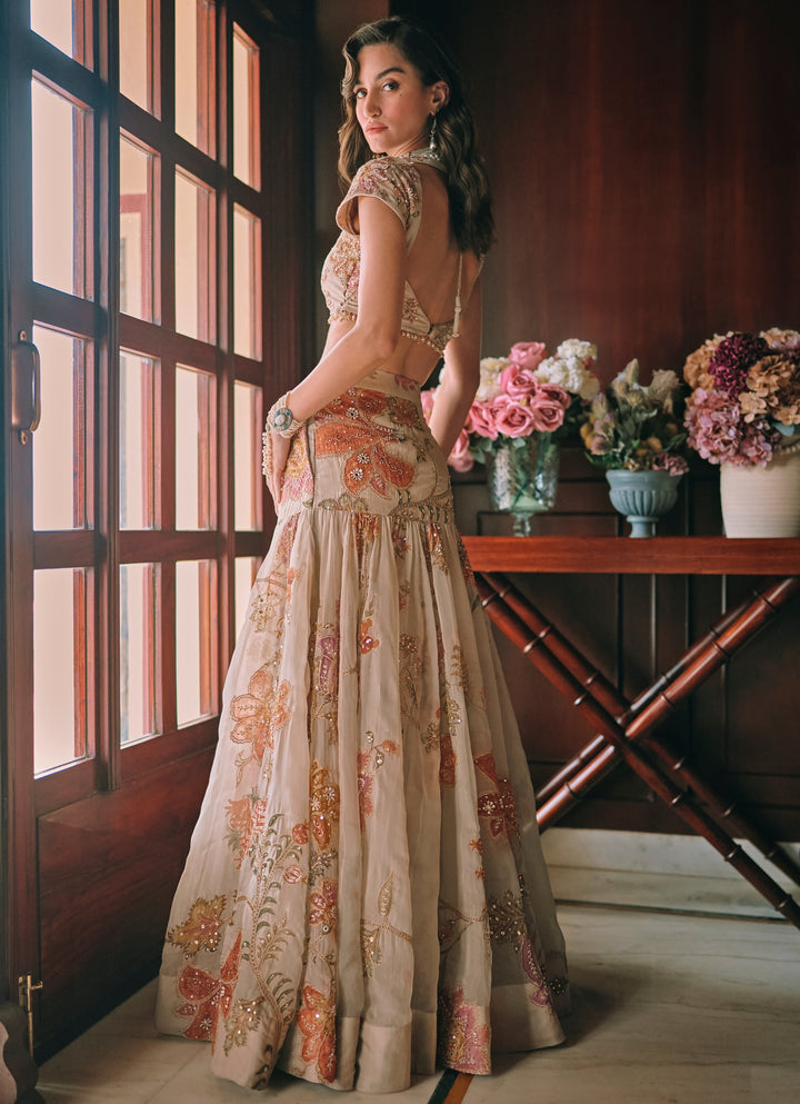 Ivory Printed Organza Mermaid Lehenga Set