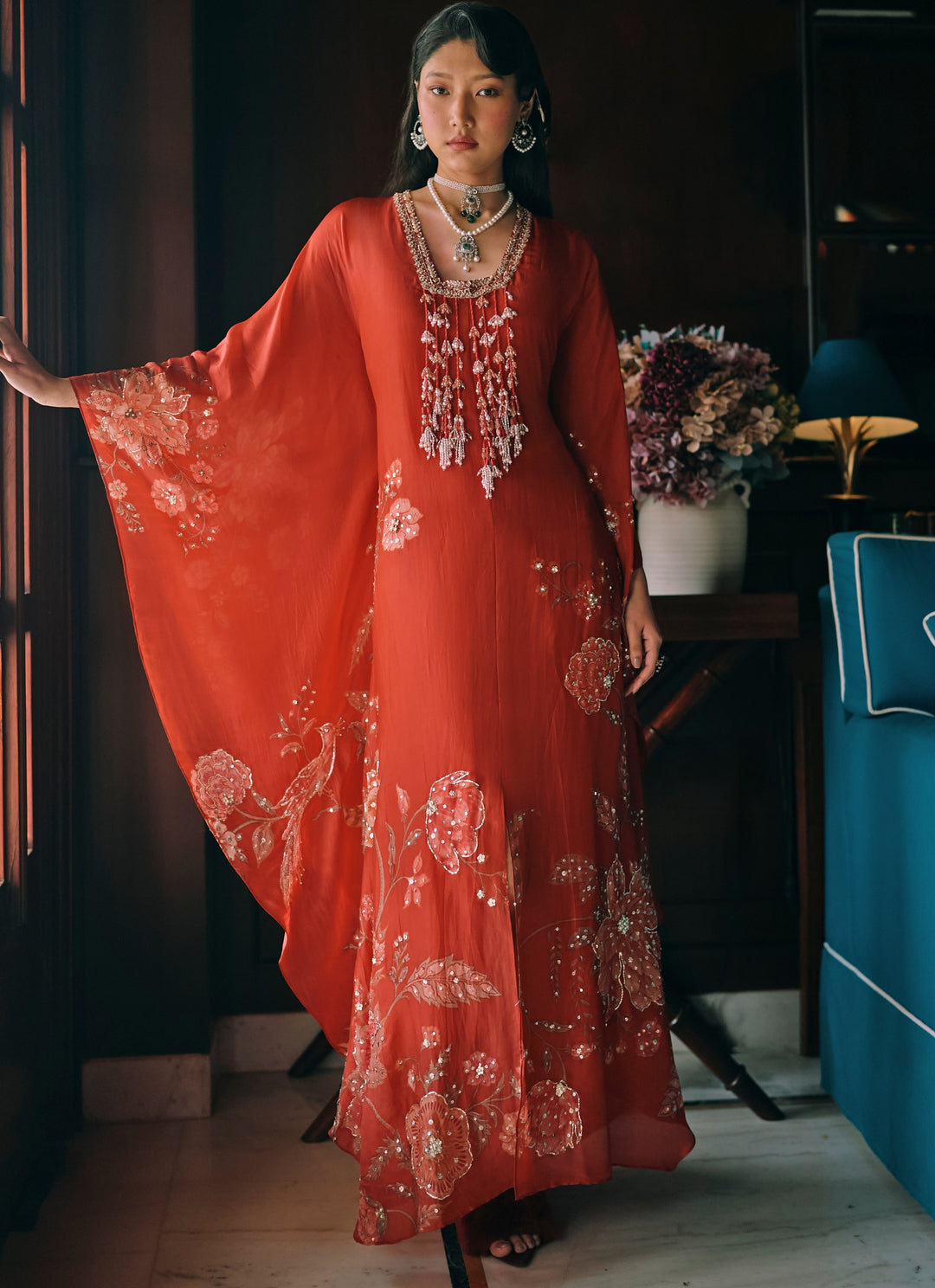 Crimson Red Silk Organza Kaftan