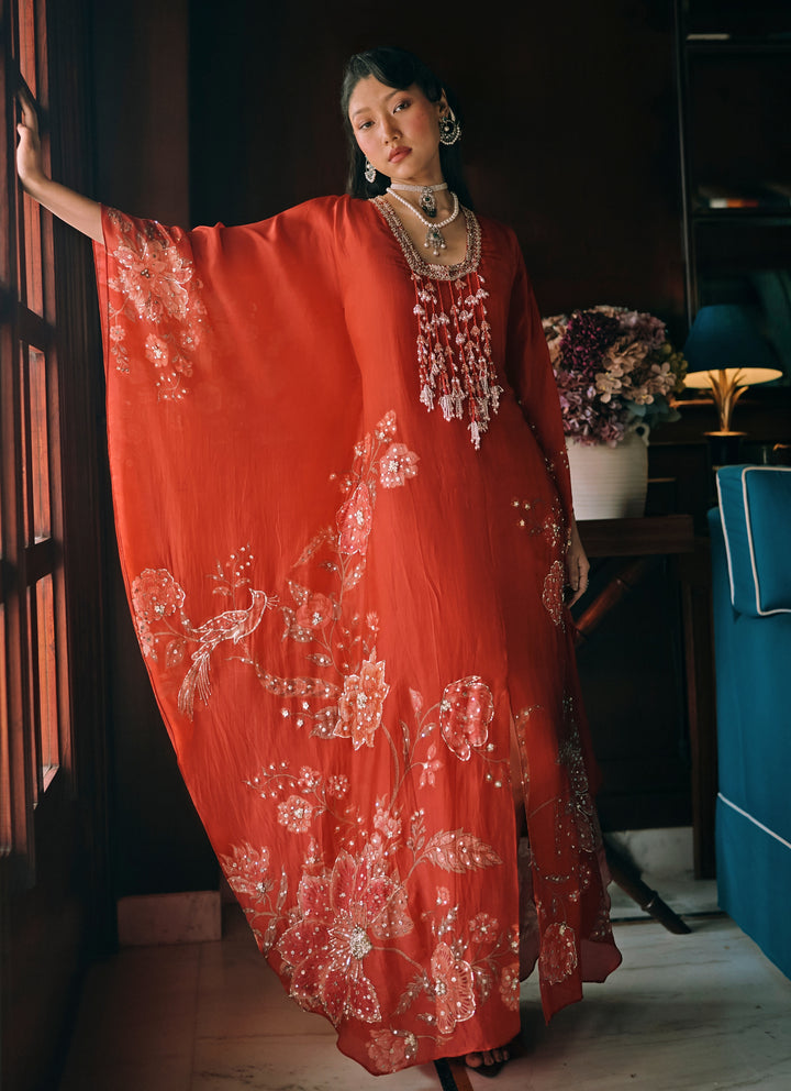 Crimson Red Silk Organza Kaftan