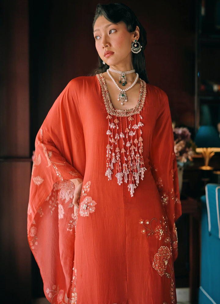 Crimson Red Silk Organza Kaftan
