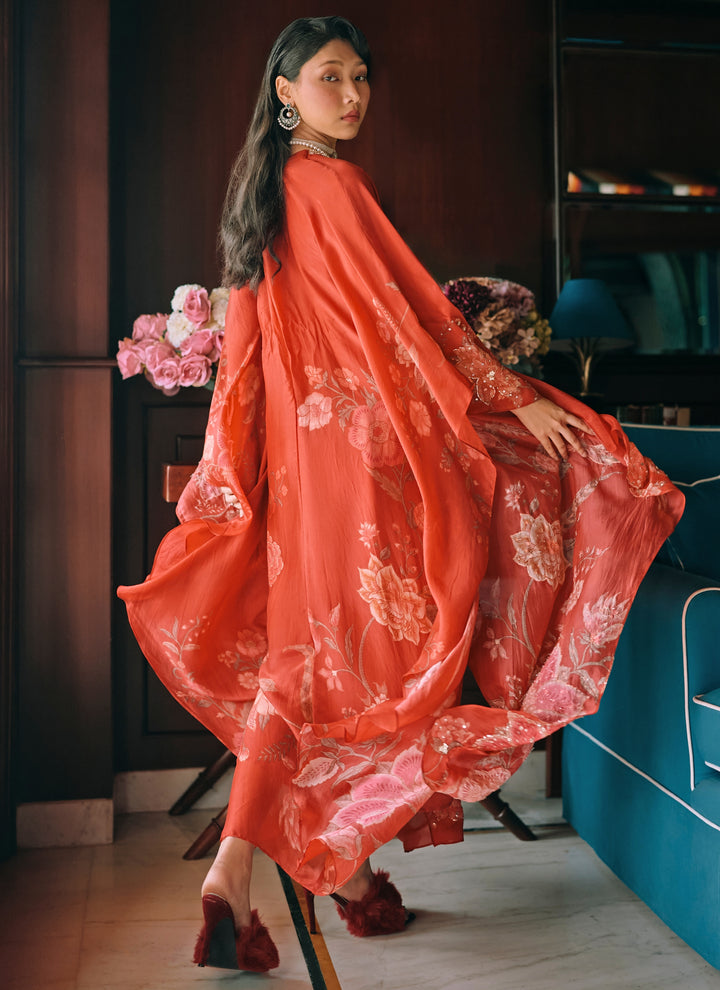 Crimson Red Silk Organza Kaftan