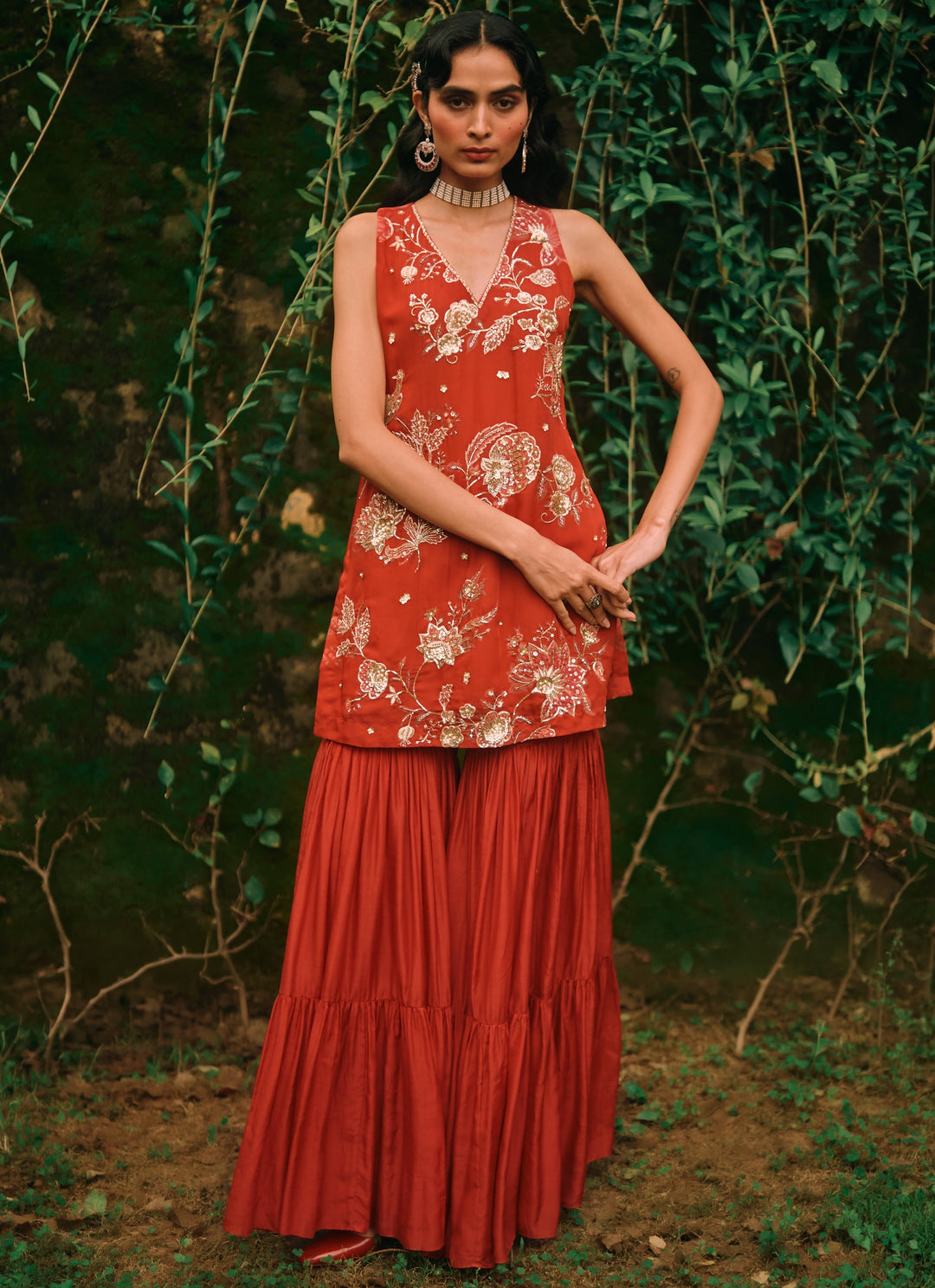 Crimson Red Printed Organza Kurta Sharara Set