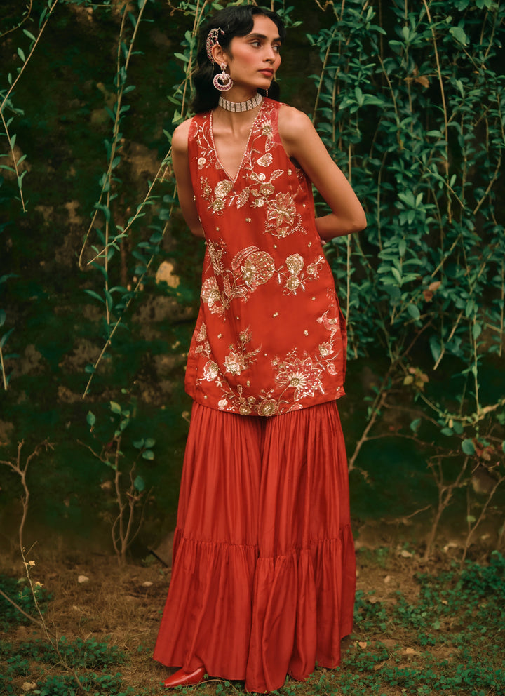 Crimson Red Printed Organza Kurta Sharara Set