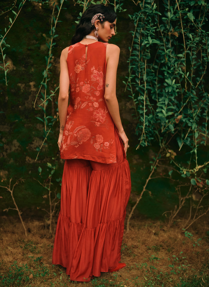 Crimson Red Printed Organza Kurta Sharara Set