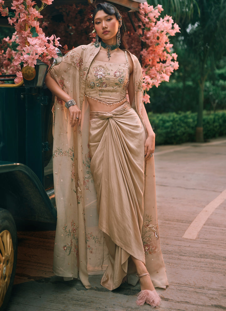 Ivory Cotton Silk Drape Skirt Set With Corset And Cape