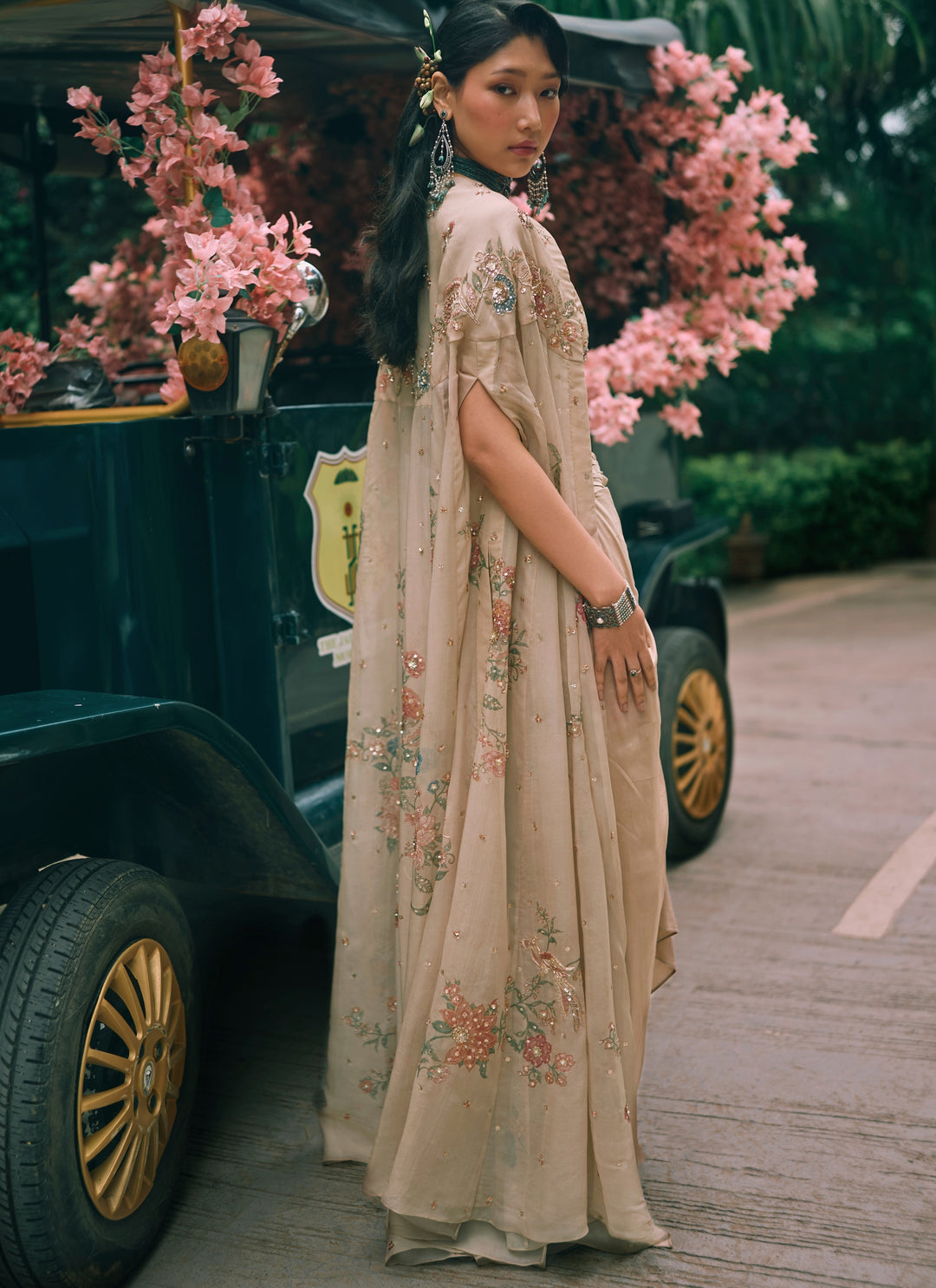 Ivory Cotton Silk Drape Skirt Set With Corset And Cape