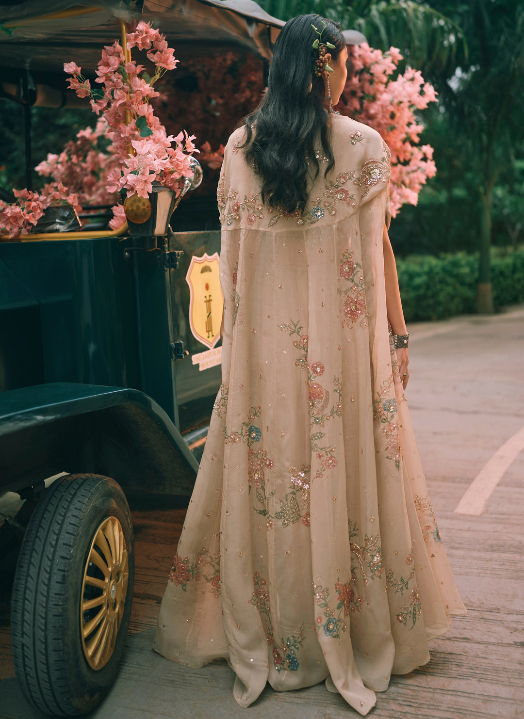 Ivory Cotton Silk Drape Skirt Set With Corset And Cape