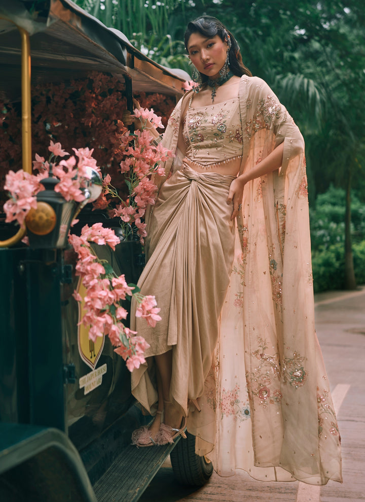 Ivory Cotton Silk Drape Skirt Set With Corset And Cape