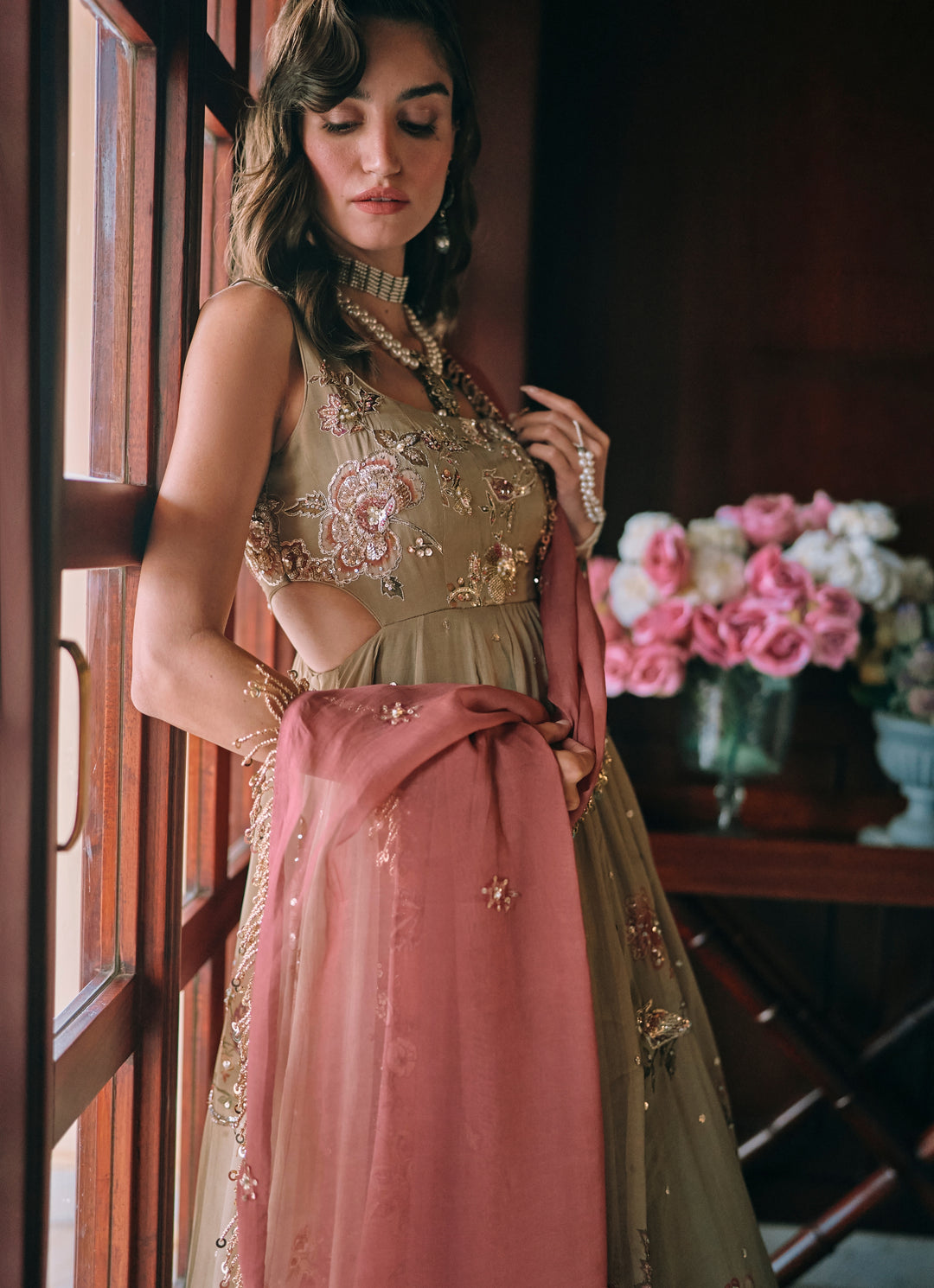 Green And Salmon Pink Printed Organza Anarkali Set