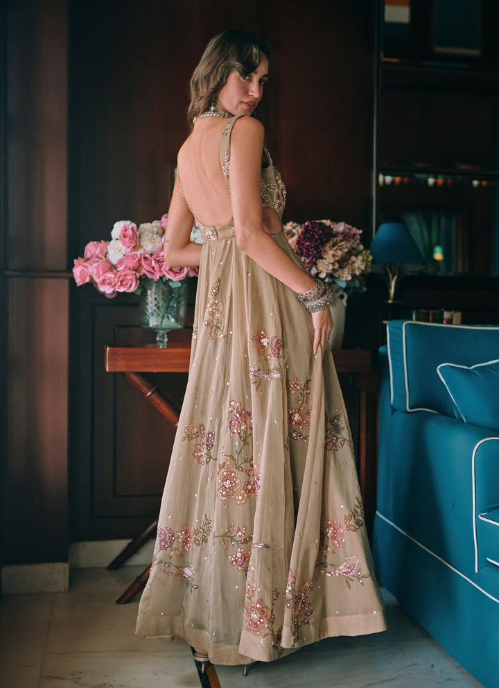 Green And Salmon Pink Printed Organza Anarkali Set