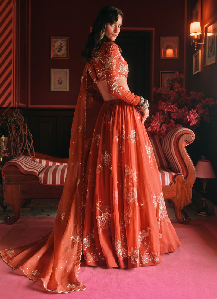 Crimson Red Printed Organza Lehenga Set