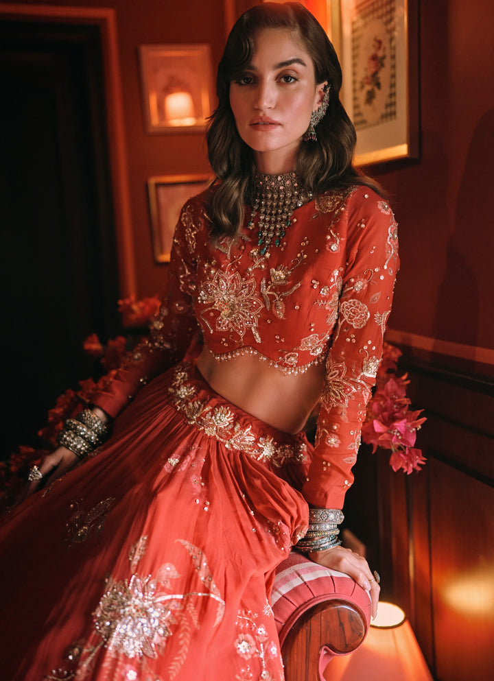 Crimson Red Printed Organza Lehenga Set