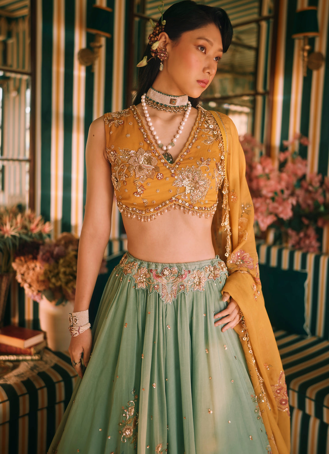 Mustard Yellow And Jade Green Floral Organza Lehenga Set