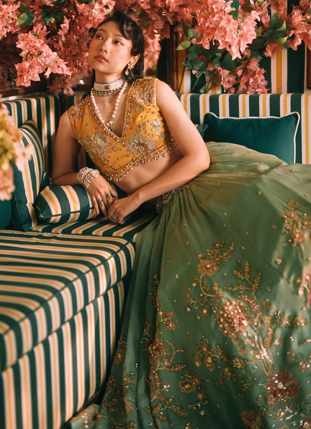 Mustard Yellow And Jade Green Floral Organza Lehenga Set