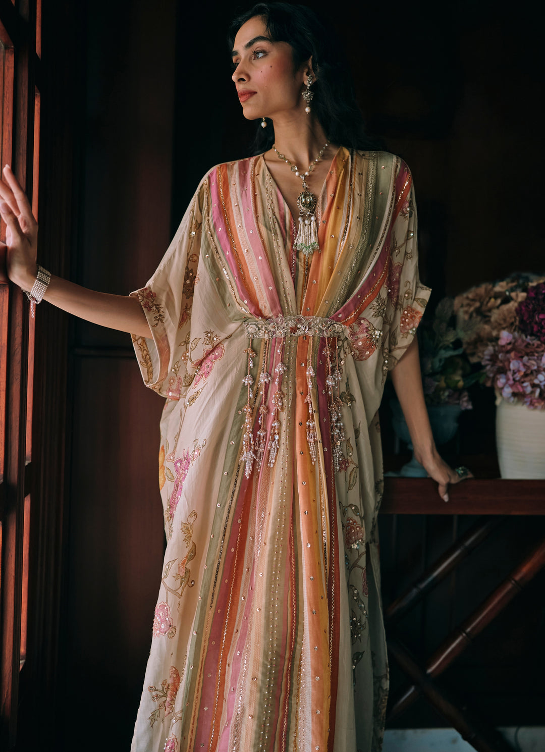 Ivory And Multicolour Silk Organza Floral Kaftan