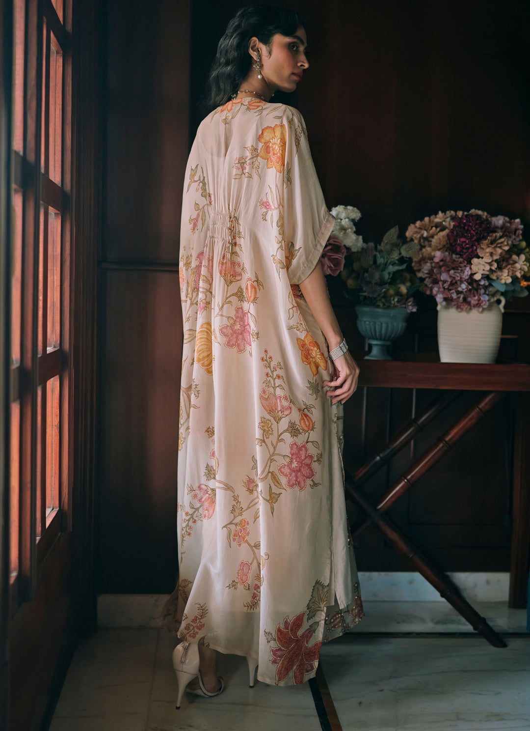Ivory And Multicolour Silk Organza Floral Kaftan