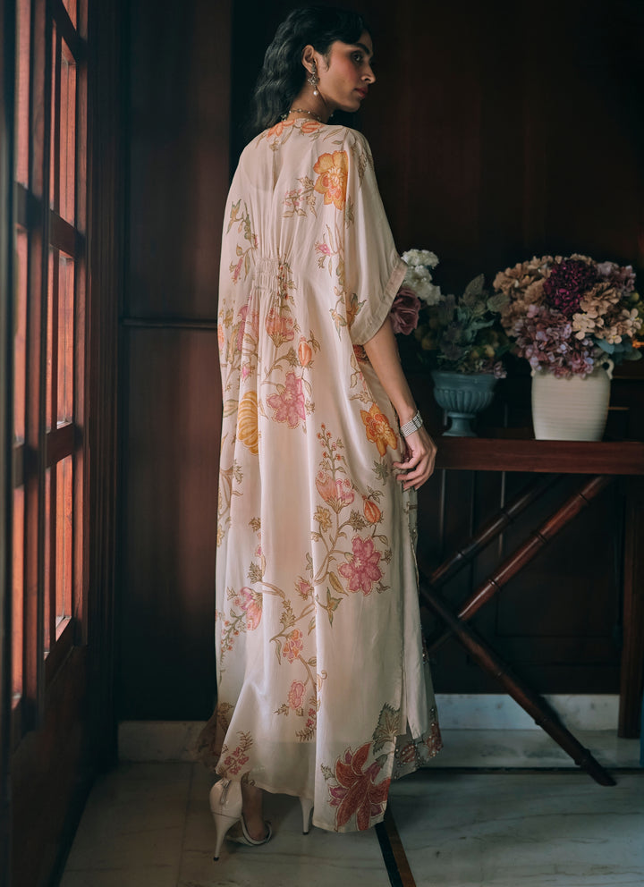 Ivory And Multicolour Silk Organza Floral Kaftan