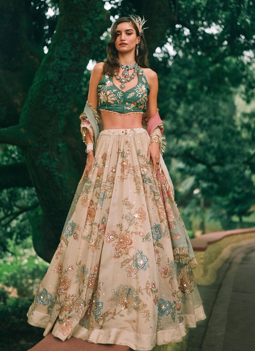 Ivory And Green Printed Organza Lehenga Set