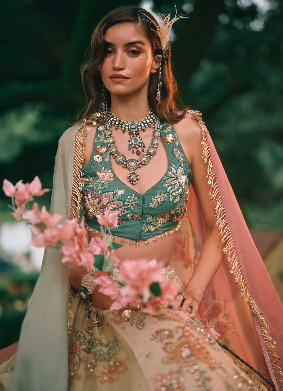Ivory And Green Printed Organza Lehenga Set