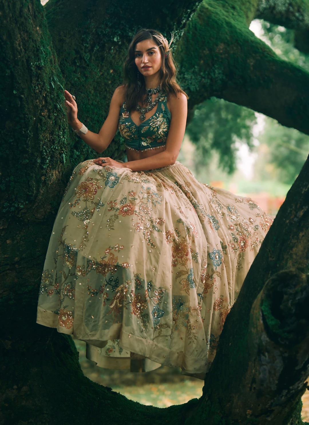 Ivory And Green Printed Organza Lehenga Set
