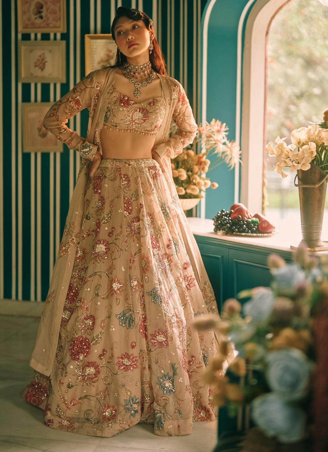 Ivory And Multicolour Printed Organza Lehenga Set With Jacket