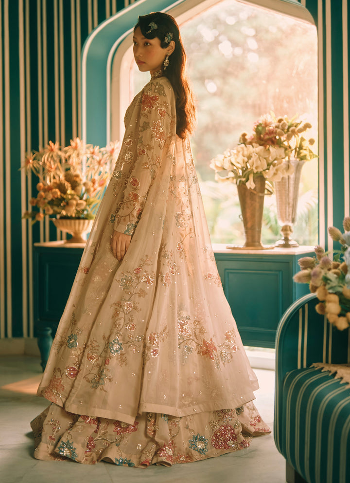 Ivory And Multicolour Printed Organza Lehenga Set With Jacket