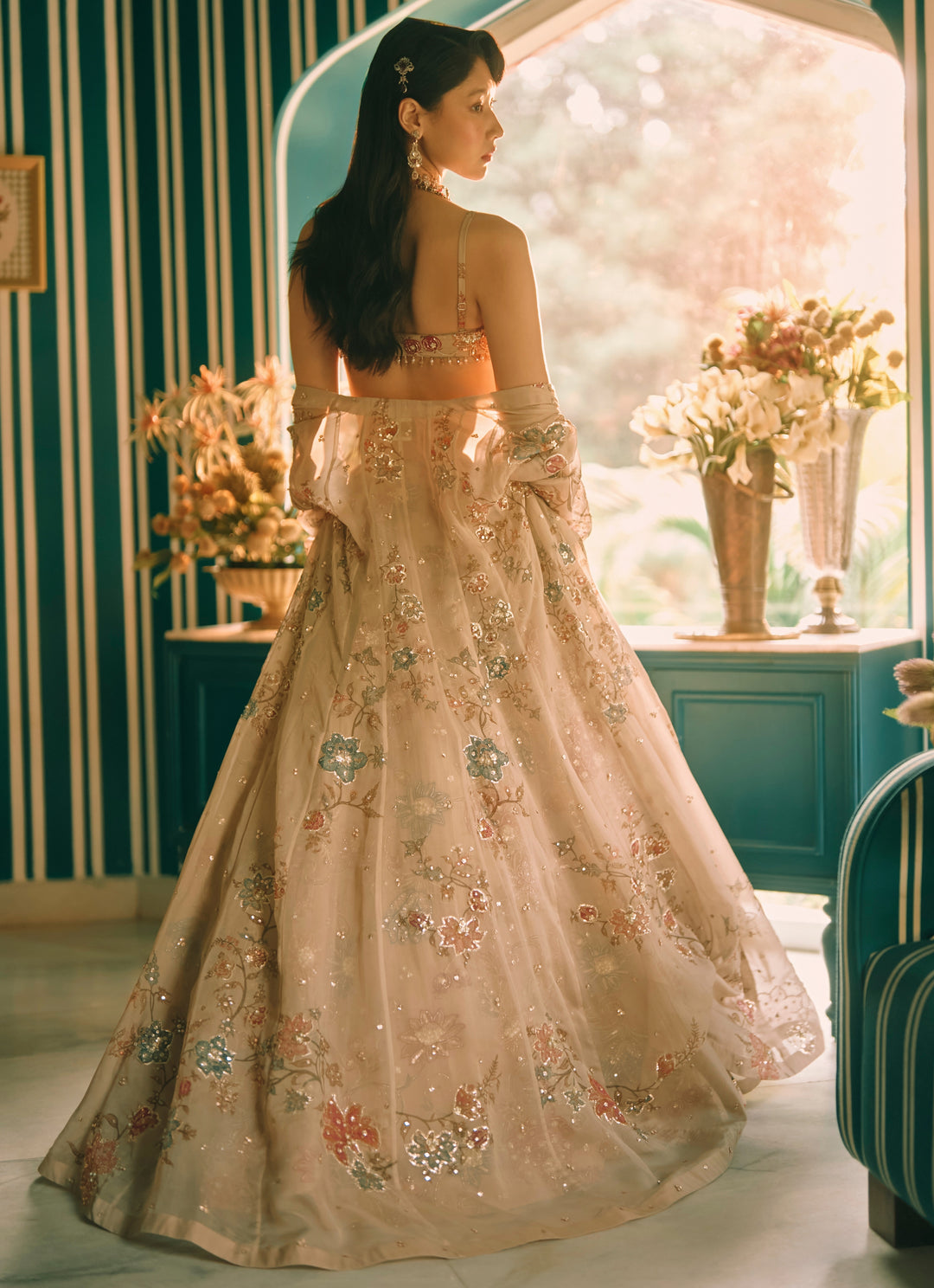 Ivory And Multicolour Printed Organza Lehenga Set With Jacket