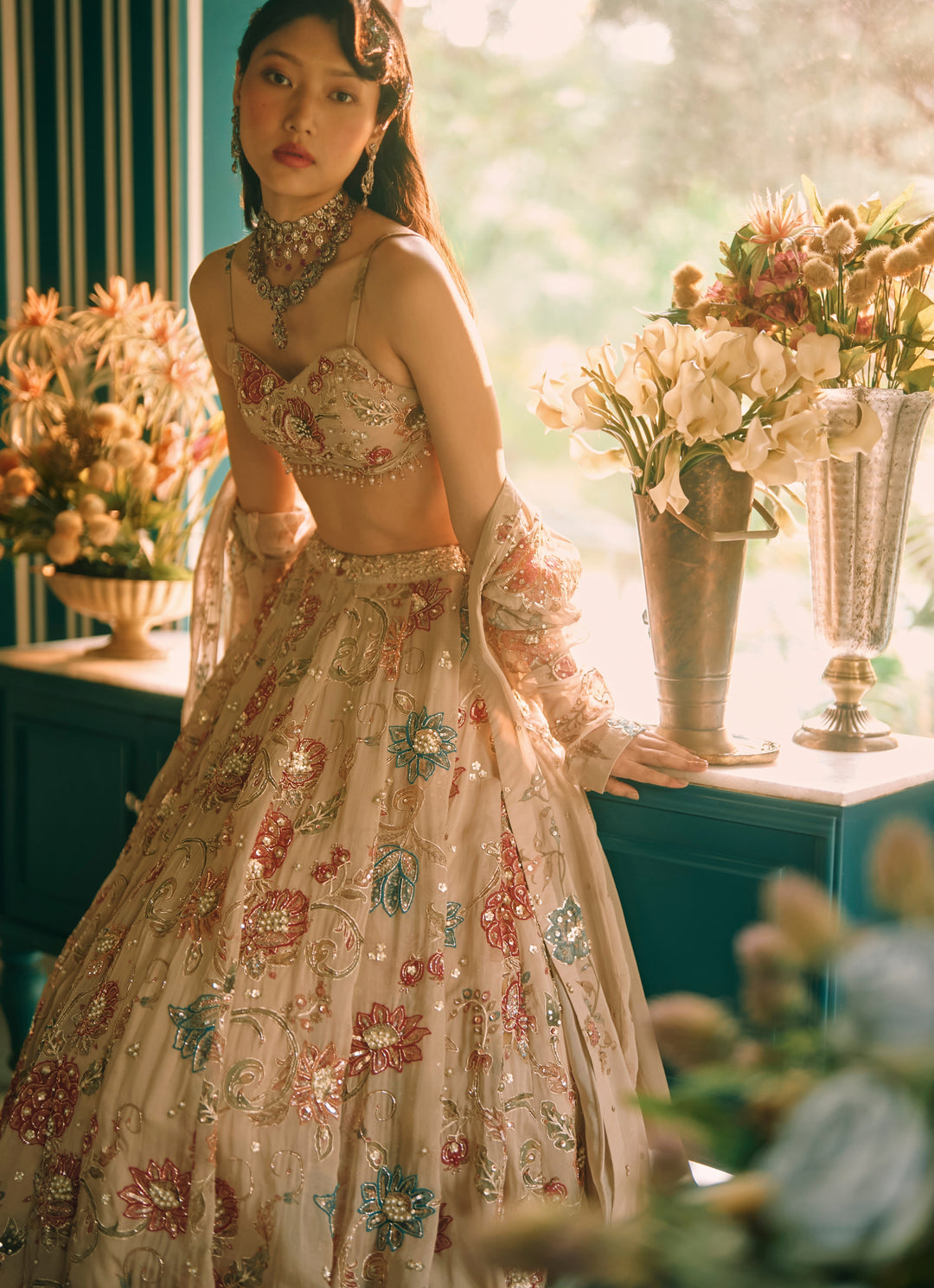 Ivory And Multicolour Printed Organza Lehenga Set With Jacket