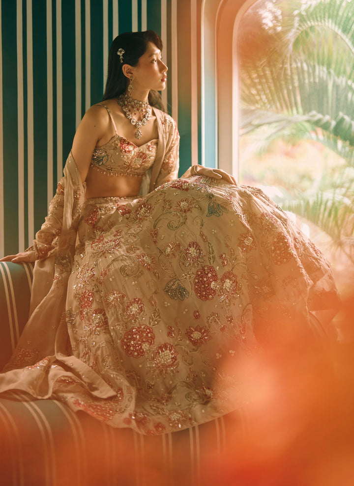 Ivory And Multicolour Printed Organza Lehenga Set With Jacket