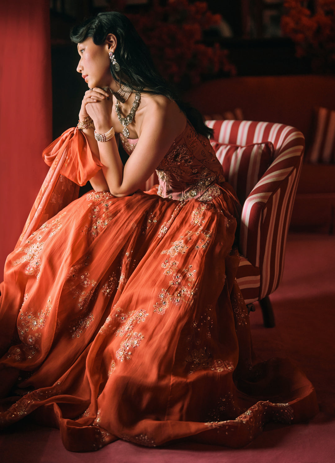 Rust Orange And Salmon Pink Printed Organza Lehenga Set