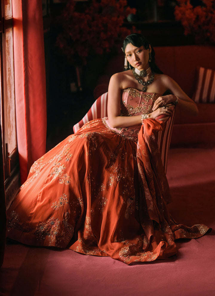 Rust Orange And Salmon Pink Printed Organza Lehenga Set