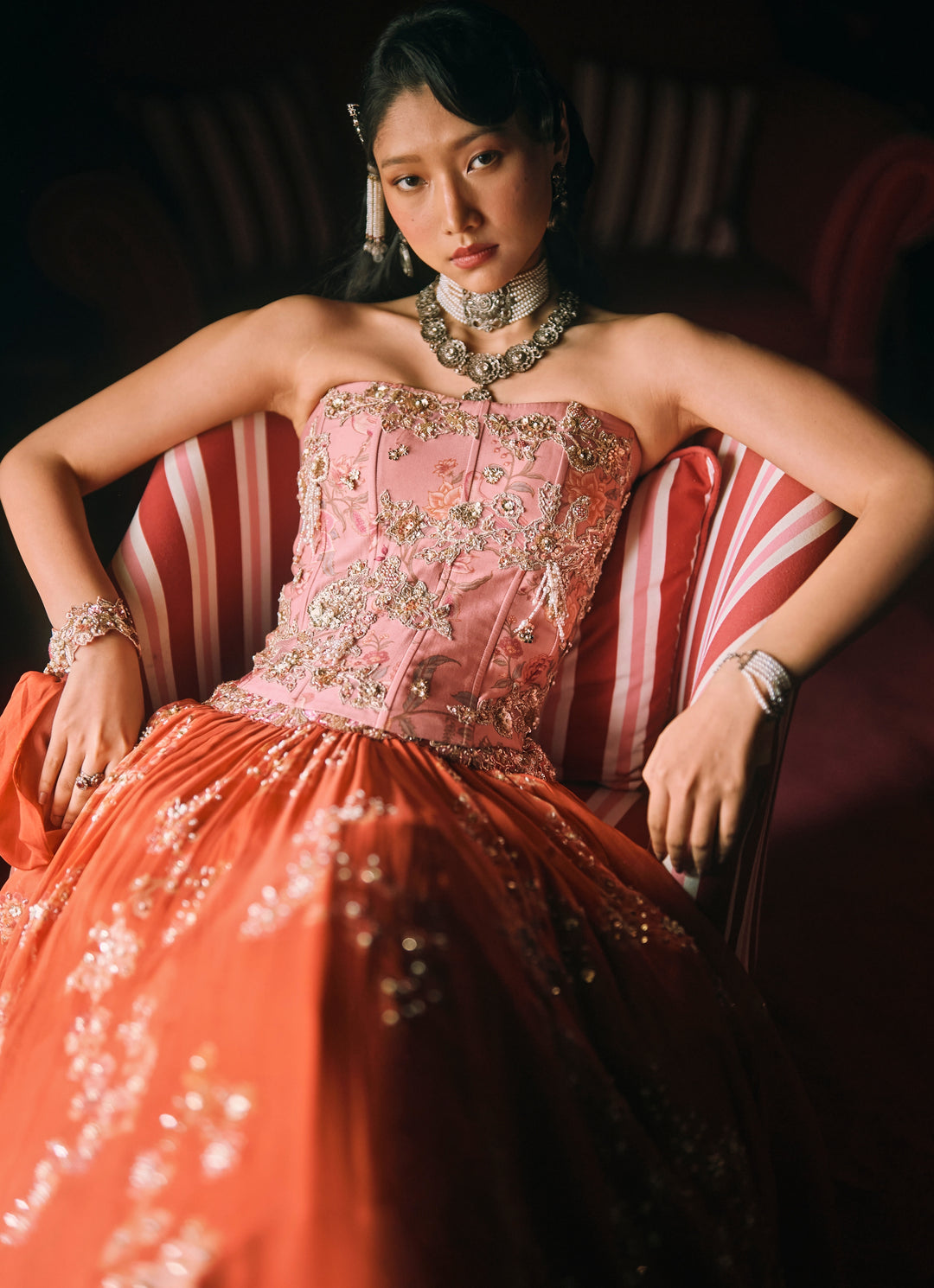 Rust Orange And Salmon Pink Printed Organza Lehenga Set