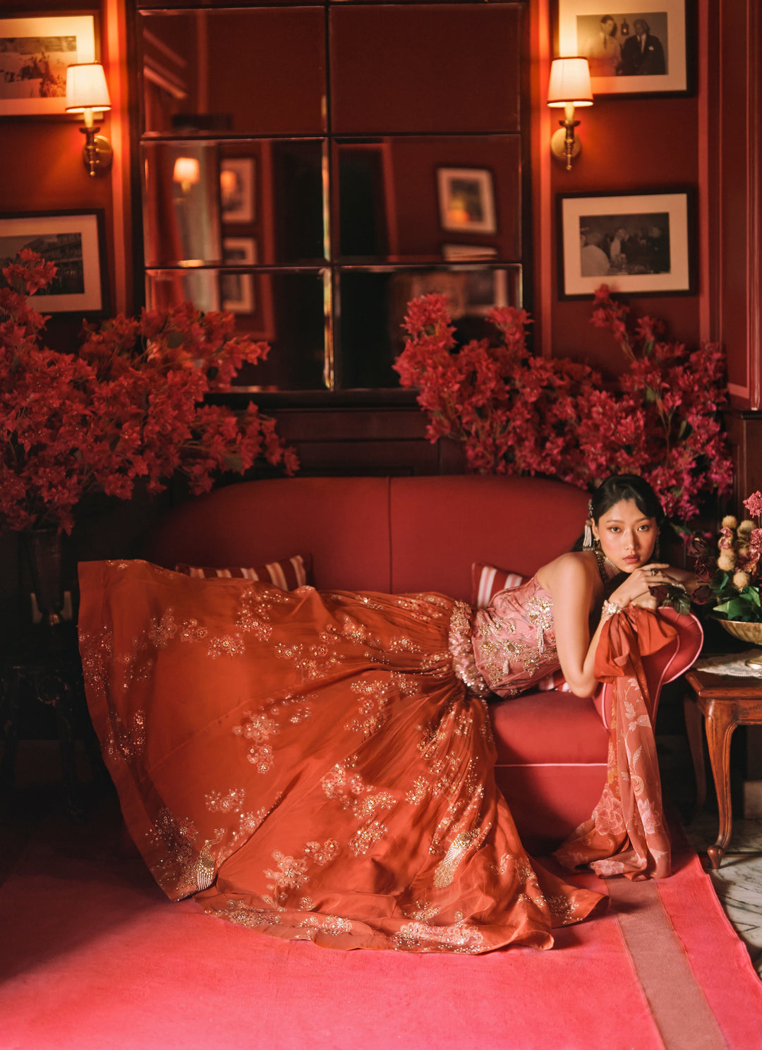 Rust Orange And Salmon Pink Printed Organza Lehenga Set