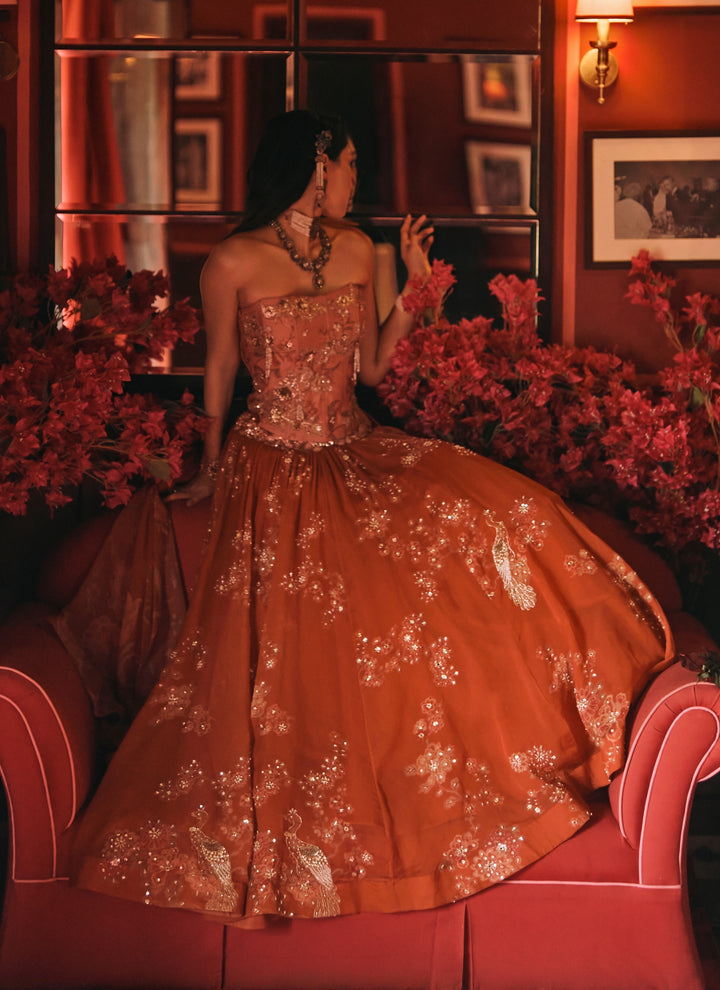 Rust Orange And Salmon Pink Printed Organza Lehenga Set