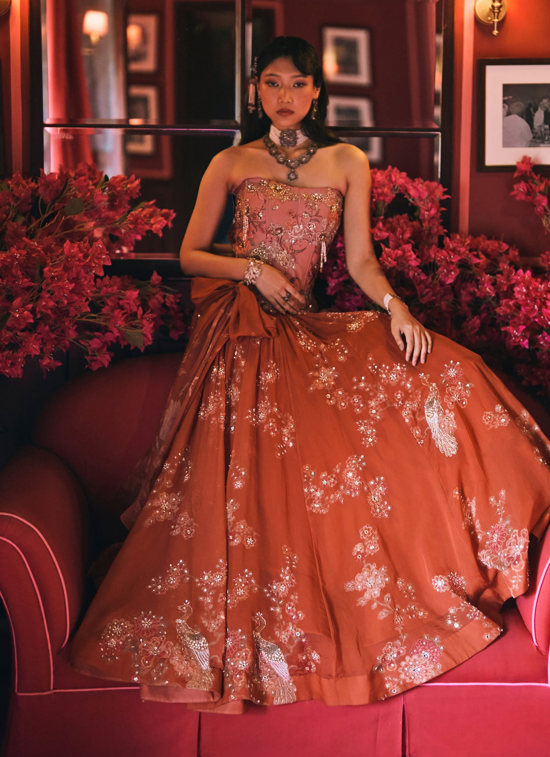 Rust Orange And Salmon Pink Printed Organza Lehenga Set