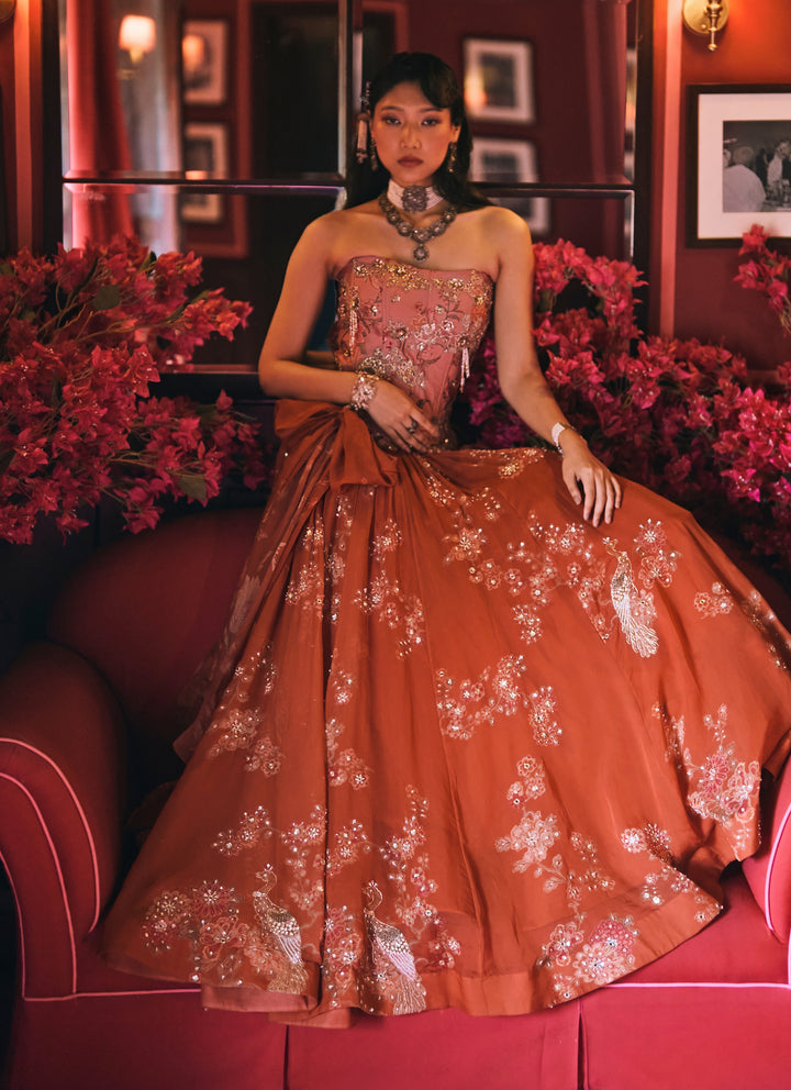 Rust Orange And Salmon Pink Printed Organza Lehenga Set
