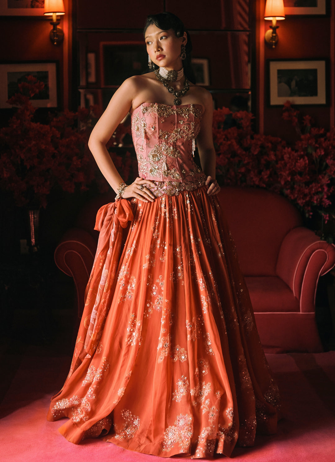 Rust Orange And Salmon Pink Printed Organza Lehenga Set