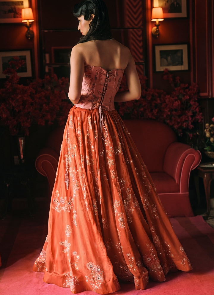 Rust Orange And Salmon Pink Printed Organza Lehenga Set