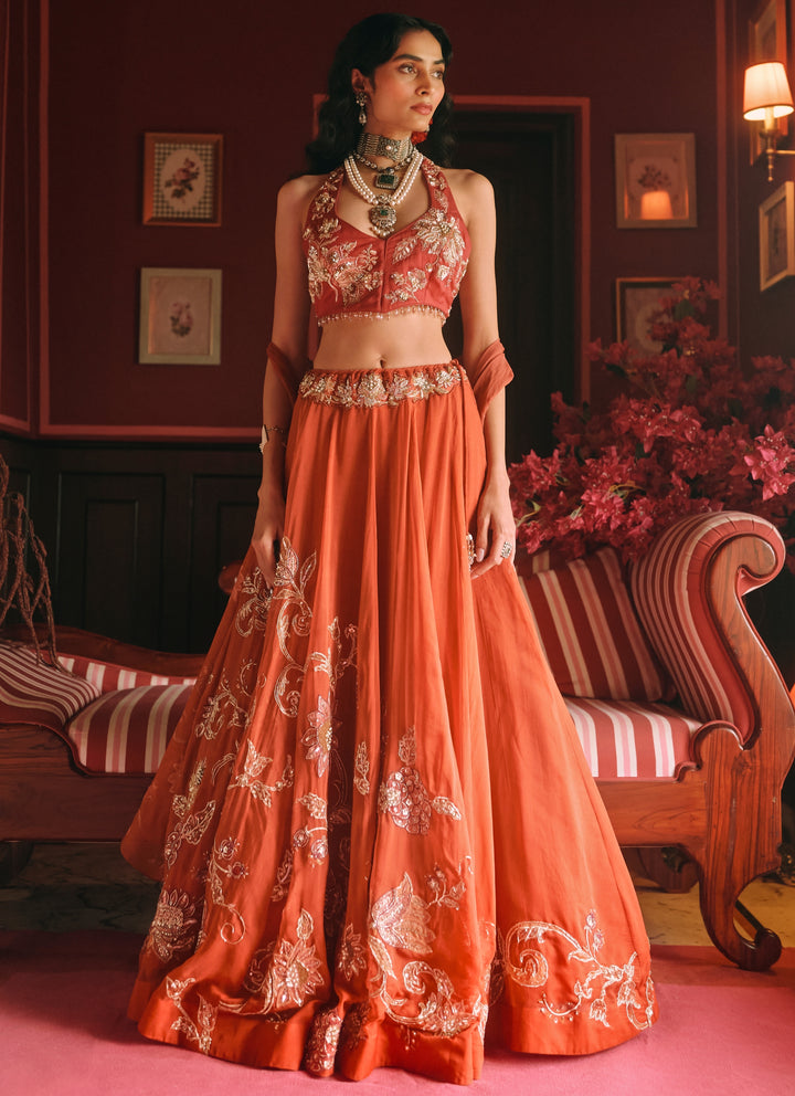 Rust Orange And Red Printed Organza Lehenga Set